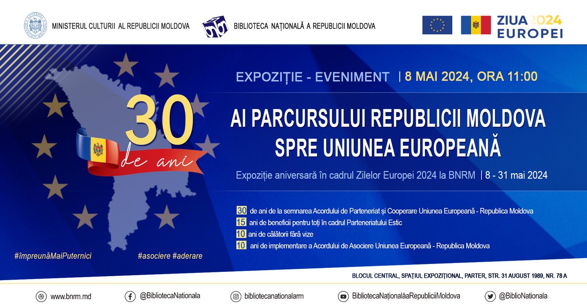 📚🇪🇺🇲🇩Vă invităm la Evenimentul de inaugurare a expoziției „30 de ani ai parcursului Republicii #Moldova spre UE” în contextul #EuropeDay 2024 facebook.com/events/4163625… cu participarea @JanisMazeiks / @EUinMoldova @ChistolAndrei , #RodicaCRUDU/ @GuvernulRMD