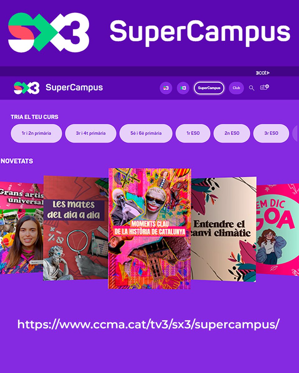 Ja heu visitat la plataforma educativa #SupercampusSx3? L'ha impulsada el Departament d'Educació i 3Cat i ofereix continguts curriculars en #català. La trobareu a 👇 🔗ow.ly/bhHO50Rvqop #AlsCentres