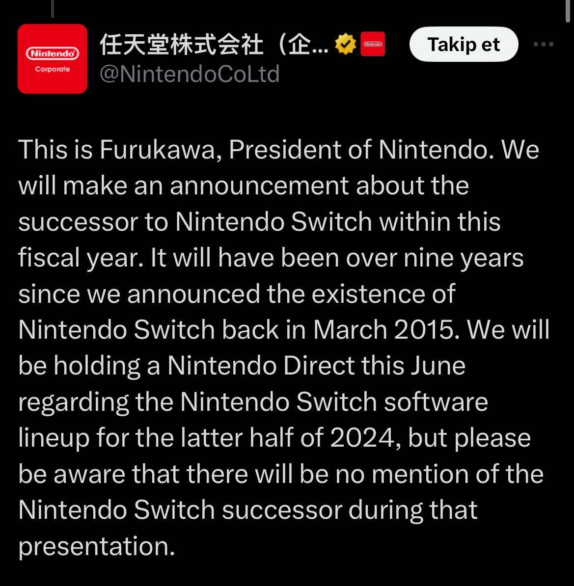 Nintendo, yeni konsolunu Mart 2025’ten önce duyuracağını açıkladı.