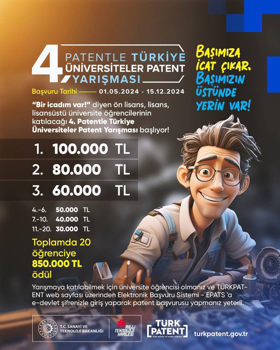4.⁠ ⁠Patentle Türkiye Üniversiteler Arası Patent Yarışması başvuruları başladı. 🏆🐝 Teknolojik gelişimin en önemli araçlarından biri olan patent konusunda üniversite öğrencilerinin farkındalıklarını artırmak, öğrencilerin patent araştırması ve patent başvurusu yapma…