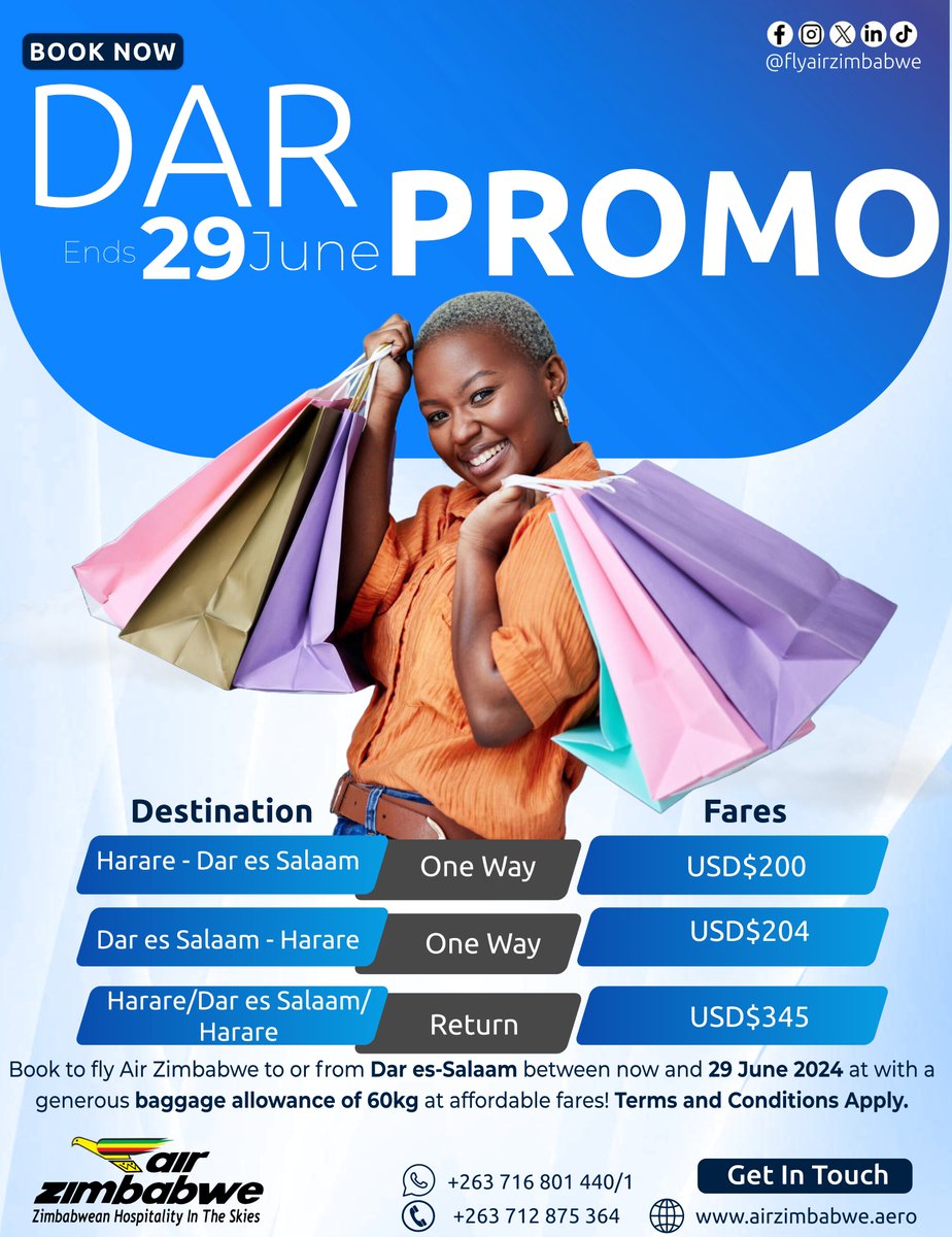 Dar 29 Promotion! Enjoy affordable fares and a generous baggage allowance of 60kgs when you book to fly with Air Zimbabwe to or from Dar es-Salaam between now and 29 June 2024. airzimbabwe.aero Terms and Conditions Apply #daresalaam #harare