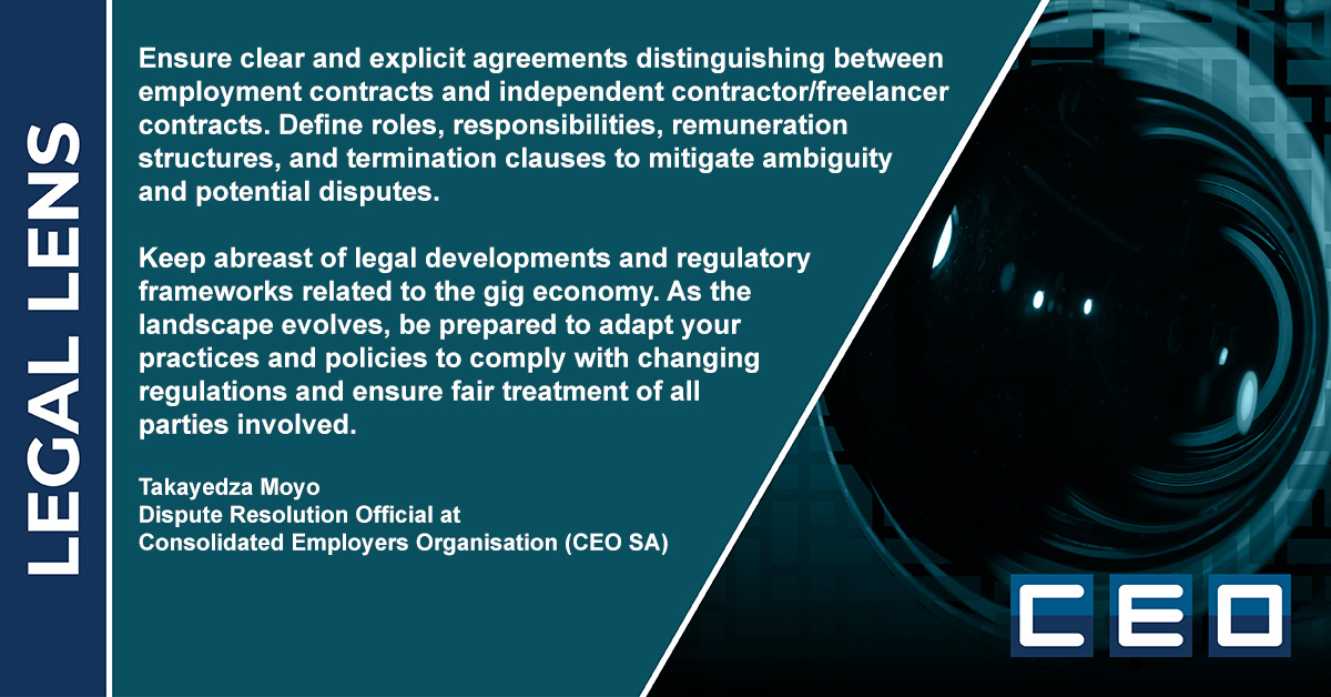 By Takayedza Moyo, Dispute Resolution Official - CEO

Establish distinct contracts for employees and contractors, outlining roles, pay structures, and termination terms to prevent ambiguity and conflicts.

#ceosa #labourlaw #agreements #contracts #responsibilities