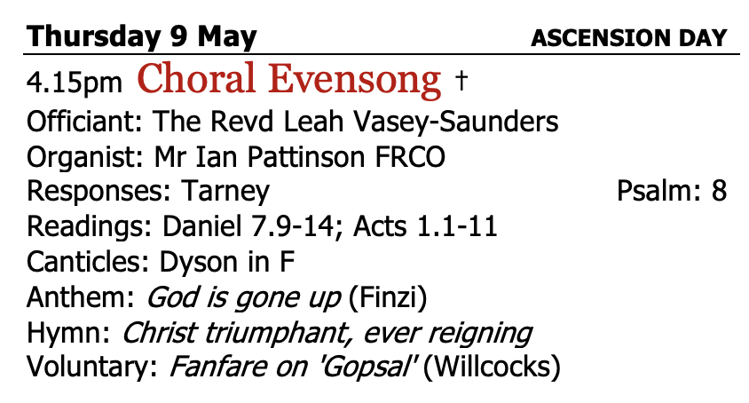 Our next service of Choral Evensong is a special one for Ascension Day and will include Finzi's glorious setting of 'God is gone up'. 4.15pm in the school chapel. All are welcome to attend. @cofelancs @LancasterPriory