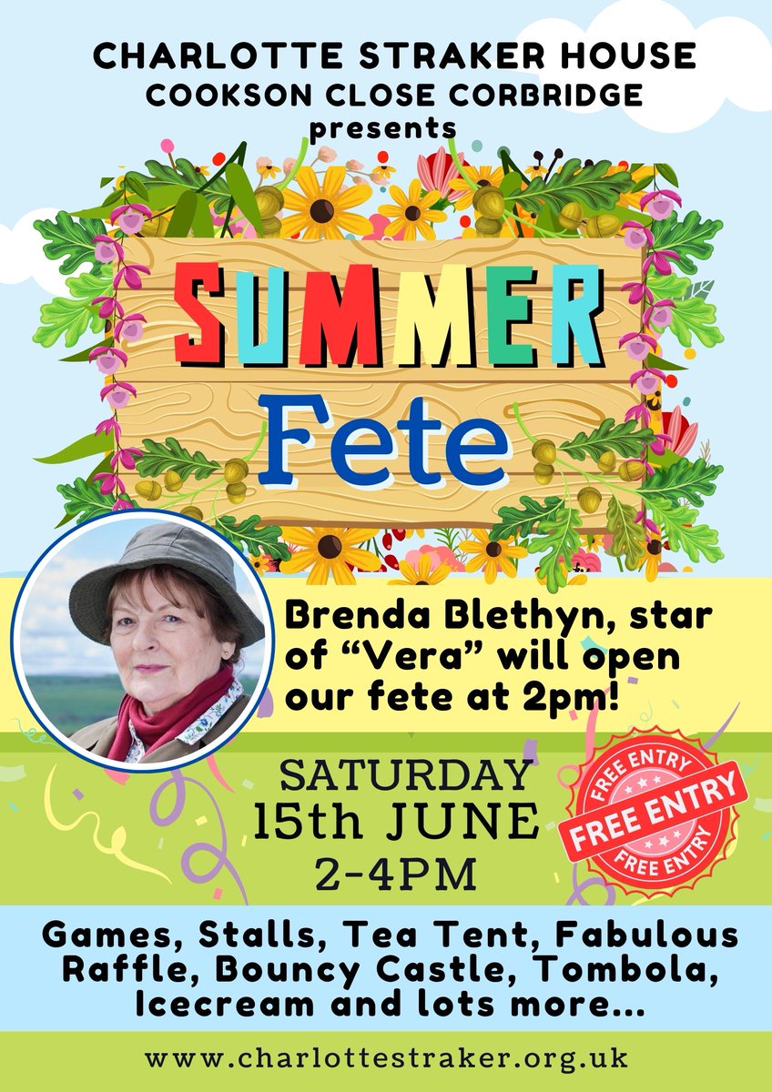 Mark your calendars for Saturday 15th June because Charlotte Straker's annual Summer Fete is back! SPECIAL GUEST: #BrendaBlethyn, star of the hit TV crime series #Vera, will be opening our fete at 2pm! #summerfete #charityevent #carehome #vera #community #celebrityguest