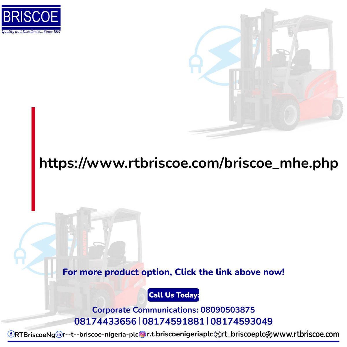 For more product options, click the link below rtbriscoe.com/briscoe_mhe.php

#tuesdaycrush #tuesdayproduct #manitou #machines #rtbriscoenigeriaplc #electricforklift #click #callustoday