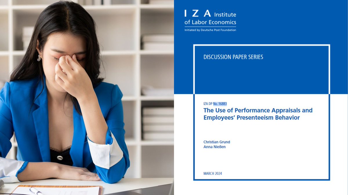A detailed analysis of the relationship between #presenteeism and #PerformanceAappraisals can be found in IZA discussion paper No. 16883 by Christian Grund and Anna Nießen @RWTH: 'The Use of Performance Appraisals and Employees' Presenteeism Behavior'. docs.iza.org/dp16883.pdf