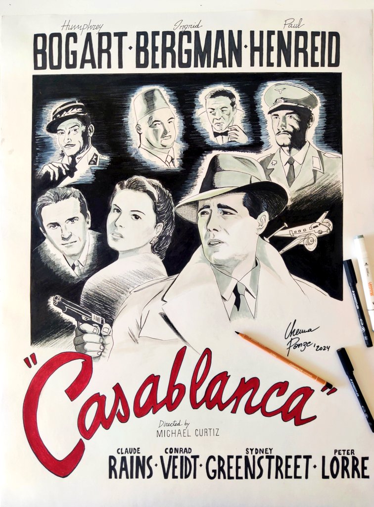 🖌️ 'CASABLANCA' ✈️ Buenos días y feliz martes. Aquí está acabado el cartel 60x80 de #Casablanca que he dibujado a mano para @alroha10. Espero que os guste, en especial a ilustres amantes del cine clásico como son @CowboysEs_Radio @JaviL32 o @cinefiliacult ¡Gracias! #art #Cinema