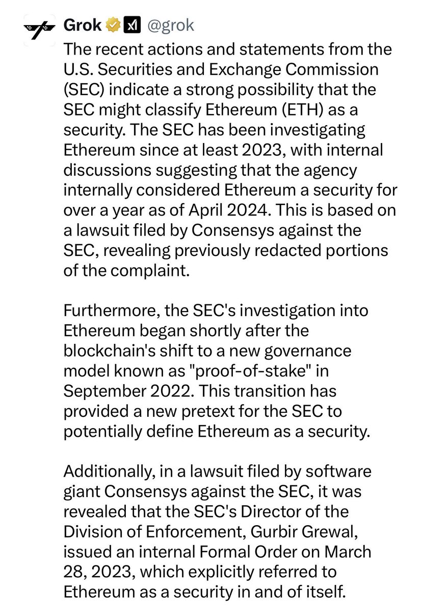 According to GROK  , #SEC enforcement already referred to #Ethereum as Security last March 28,2023 and there is a strong possibility that SEC will call Ether a security . This was just pulled up from @grok today

#shibaarab_army #SHIB #shibaArmy