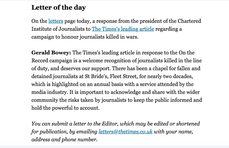 President of <a href="/CIoJournalist/">CIoJ</a> Gerald Bowey has letter in the Times this morning. (Behind paywall) See: thetimes.co.uk/article/times-… In response to The Times's leading article regarding a campaign to honour journalists killed in wars.