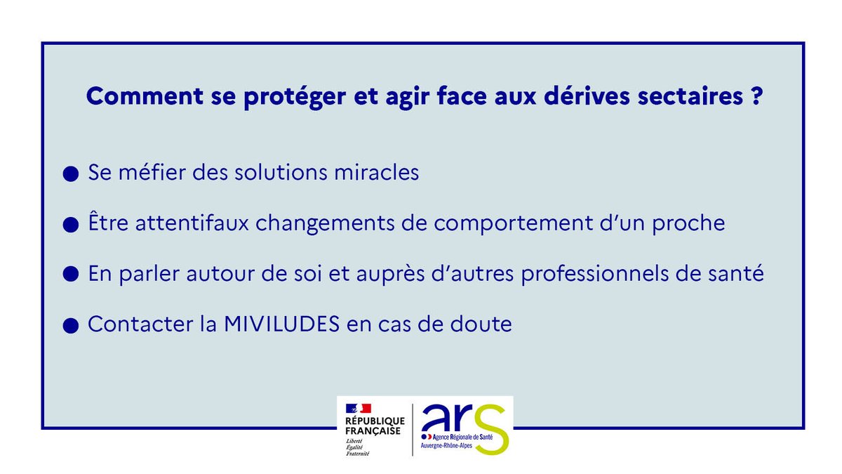 #DérivesSectaires |📢Le @Interieur_Gouv lance une campagne nationale de communication menée par la @MIVILUDES, pour sensibiliser le public aux risques liés aux dérives sectaires. ➡️Se protéger et agir face aux dérives sectaires : auvergne-rhone-alpes.ars.sante.fr/les-derives-se…