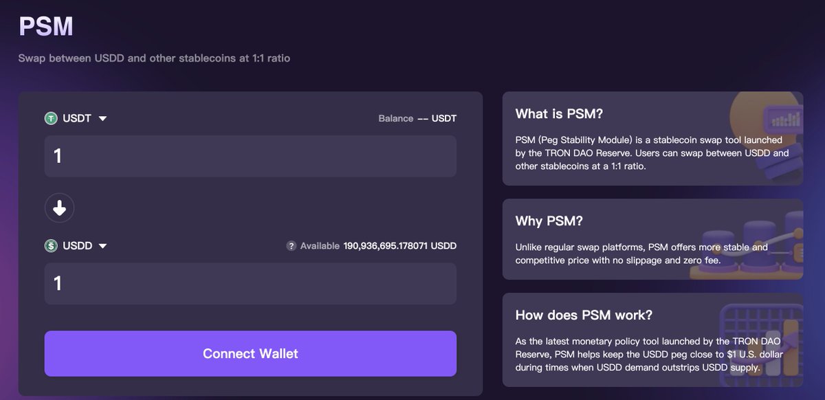 💡Find PSM on SUN.io menu bar, swap your #stablecoin with the fixed ratio PSM (Peg Stability Module) is a stablecoin swap tool, that allows users to swap between #USDD and other stablecoins at a 1:1 ratio✅ 🌟No more worrying about slippage or convoluted…