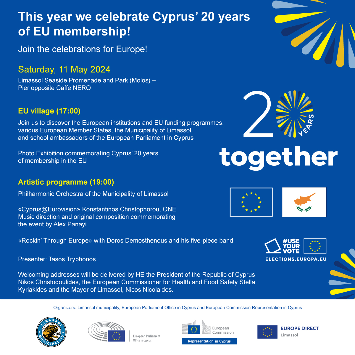 🎉Celebrate #EuropeDay! 

🗓️THIS Saturday 11 May
📍Molos Limassol

🔹5pm EU village
🔹7pm:
- Philharmonic Orchestra of @DemosLemesou 
- 'Cyprus@Eurovision' Konstantinos Christophorou, ONE, music direction and original composition by @AlexPanayi
- Doros Demosthenous and his band.