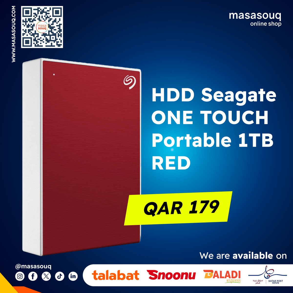 Store it all in style! Get the sleek Seagate One Touch Portable HDD (1TB) in vibrant red for just  QAR179.  Order now:  masasouq.com/hdd-seagate-on…  #Seagate #PortableHDD #Storage #tech #masasouq