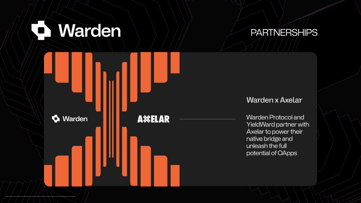 wardenprotocol's tweet image. Warden and Axelar revealed their partnership, about our native bridge.
The goal? To bridge any assets to any OApp on Warden
🌉 Powered by @axelarnetwork 
⚡ Instant access from any Cosmos or EVM chain
🌐 Trusted by many builders
👉 More: wardenprotocol.org/blog/warp-util…