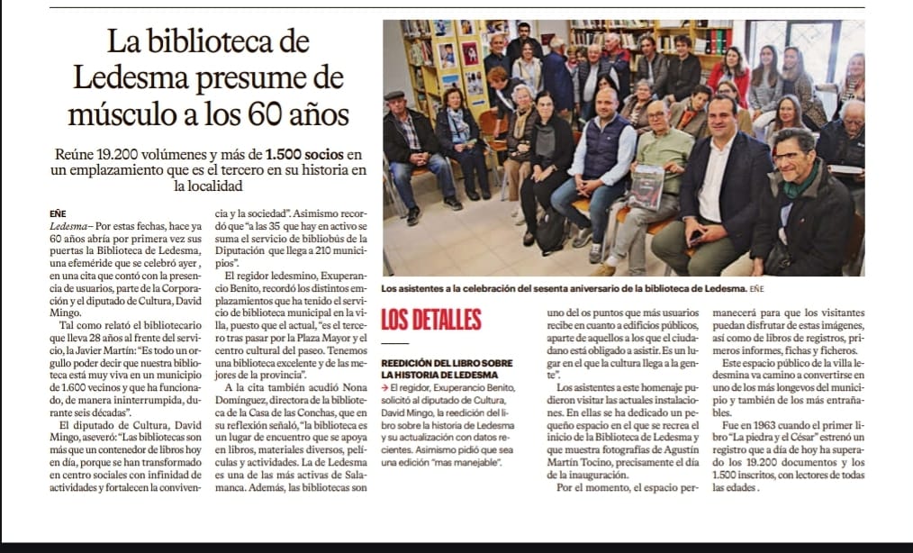 60 años en funcionamiento en  <a href="/biblioledesma/">Biblioteca Ledesma</a> , GRACIAS
<a href="/DavidMingoPP/">David Mingo Pérez</a>  <a href="/Dipucultura/">Área de Cultura - Diputación de Salamanca</a>  Ayuntamiento de Ledesma   <a href="/IESOUnamuno/">IESOMiguelUnamuno</a>   <a href="/ColeLedesma/">CEIP Nª Sª DEL CARMEN</a>   Aso Mujeres el Carmen Asoc Amigos, nayores @Bletirunners Resi Municipal  ResiVilla de Ledesma Casino de Ledesma Ampa San José  Cd Ledesma