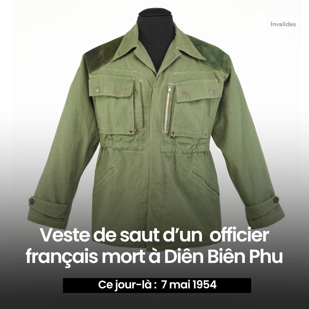 [#CeJourLa] Voici la veste de saut d’un jeune officier, Roland Bonneville de Marsangy, mort à #DienBienPhu, il y a 70 ans. Cette veste « Extrême-Orient », était réalisée par l’atelier militaire de coupe et de confection de Saigon à partir de 1949. @armeegouv #guerredIndochine