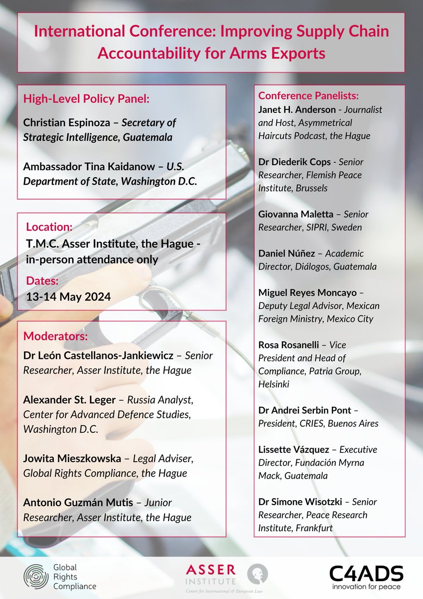How to conduct responsible arms exports? Join the conversation next week at <a href="/TMCAsser/">T.M.C. Asser Instituut</a> for a unique opportunity to engage with policymakers, journalists, industry and civil society stakeholders. 

Register now: asser.nl/education-even…