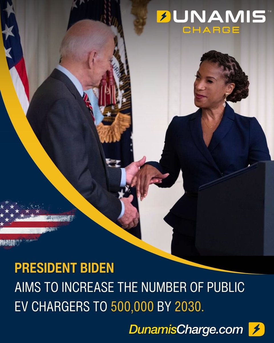Biden's vision, Dunamis Charge's mission! 🌟 President Biden's goal to reach 500,000 public EV chargers by 2030 aligns perfectly with our commitment to accessibility and sustainability. Let's power up together for a greener future! #EVInfrastructure #DunamisCharge ⚡🚗