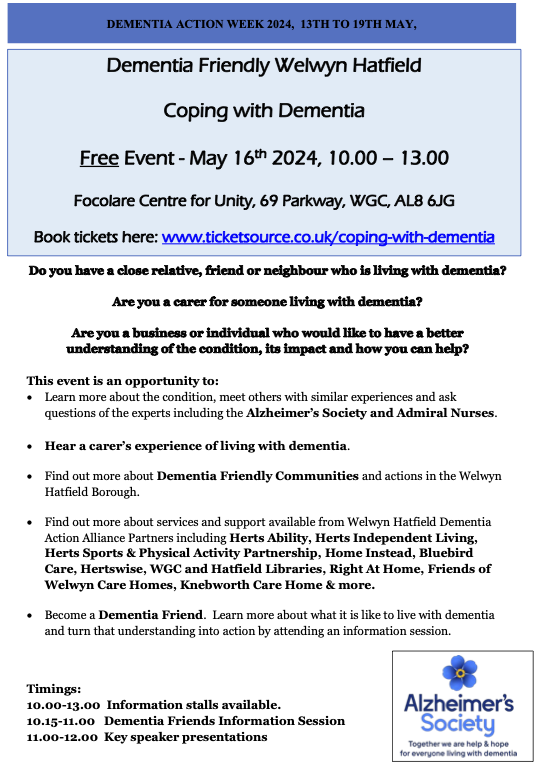 Dementia Friendly Welwyn Hatfield with @alzheimerssoc on Thursday 16th May. We look forward to answering your questions and providing you with information on our services. Free Tickets ➡️ ticketsource.co.uk/coping-with-de… #whatsonwelhat #dementiaactionweek #supportingherts