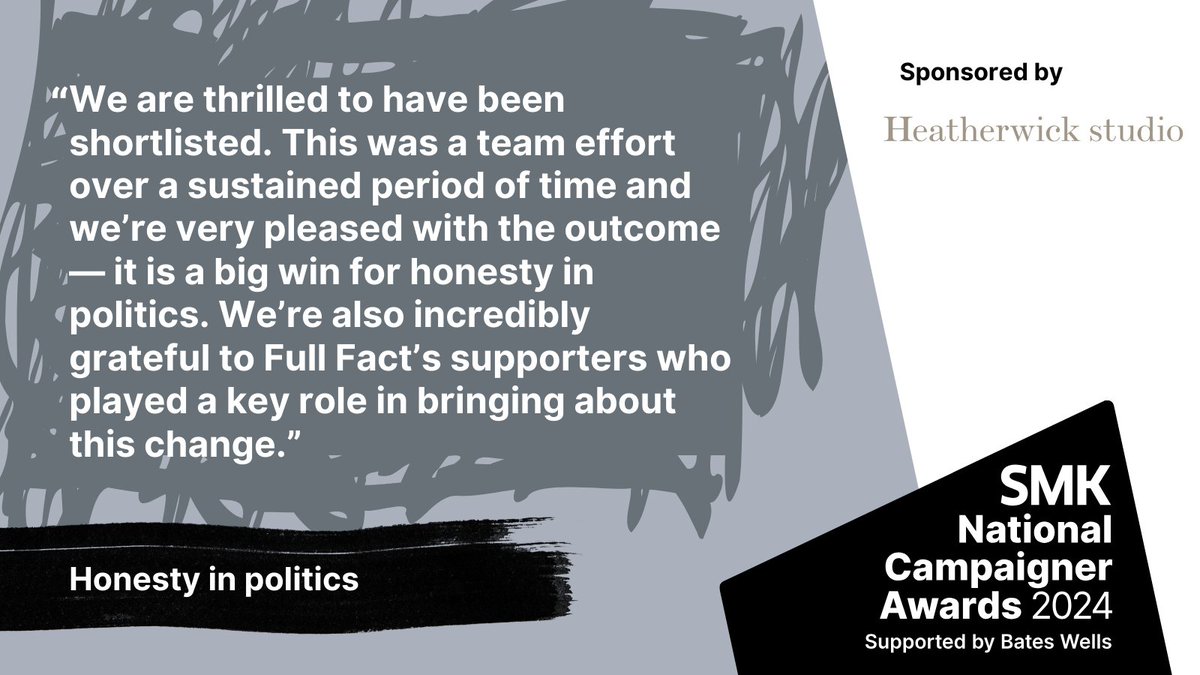 Congratulations to @FullFact – shortlisted for Campaign of the Year in the #SMKAwards2024. Winners will be announced on 15 MAY. More details here smk.org.uk/awards_nominat… #LoveCampaigning Sponsored by Heatherwick Studio
