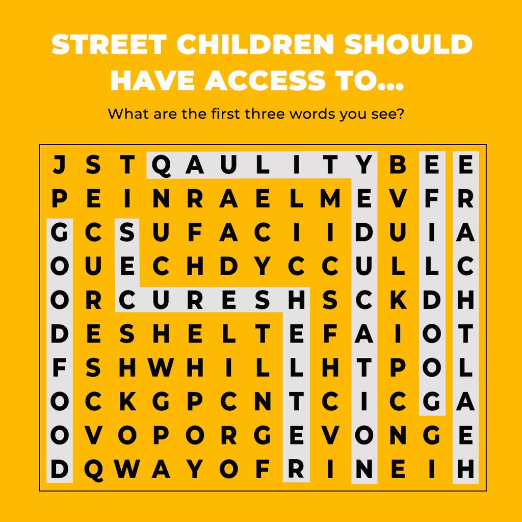 Street kids should have access to….  

Discover the answers in this puzzle and comment below. Let’s see if you get the answers without checking, swipe left to check the correct answer.  #Education is a bright light for every person.  
#sdg4qualityeducation #fightpoverty