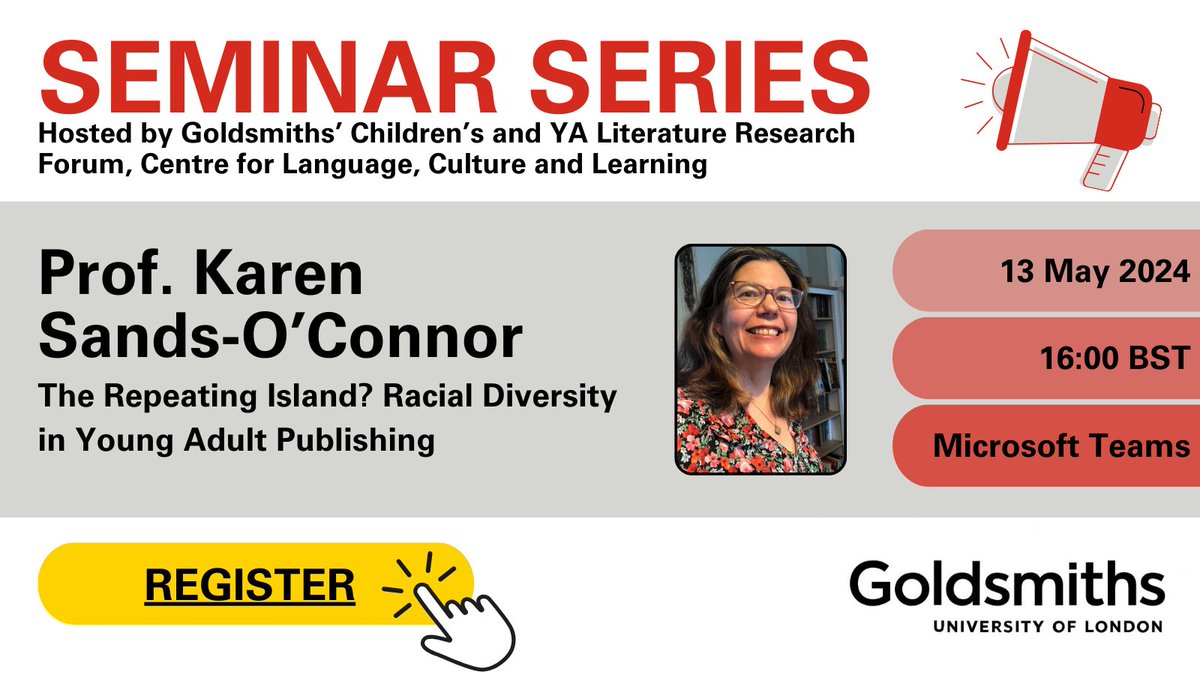 On 13 May 2024 at 16:00 BST, we will be joined online by Prof. Karen Sands-O'Connor for "The Repeating Island? Racial Diversity in Young Adult Publishing". To register for free, go to: gold.ac.uk/calendar/?id=1…
