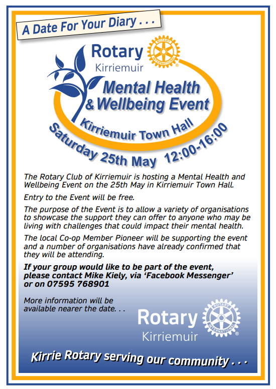 The Rotary Club of Kirriemuir is hosting a Mental Health and Wellbeing event at Kirriemuir Town Hall on 25th May. They are looking for support organisations that help people who are faced with challenges in their lives to have a stall on the day. Find out more below👇