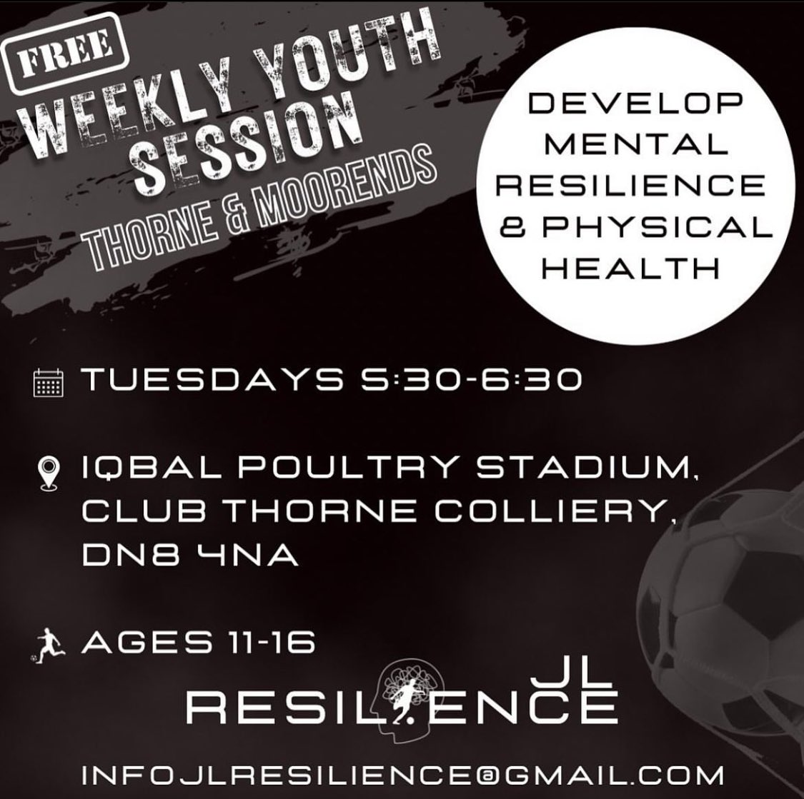 Tonight! HEALTHY BODY HEALTHY MIND PROJECT⚽️ 📆 Tuesday’s ⏰ 5:30-6:30pm 📍 Iqbal Poultry Stadium, Grange Road, DN8 4NH Ages 11-16 #JLresilience #healthybody #healthymind #mentalhealth #getactive #thorne #clubthorne #doncasterisgreat #doncaster