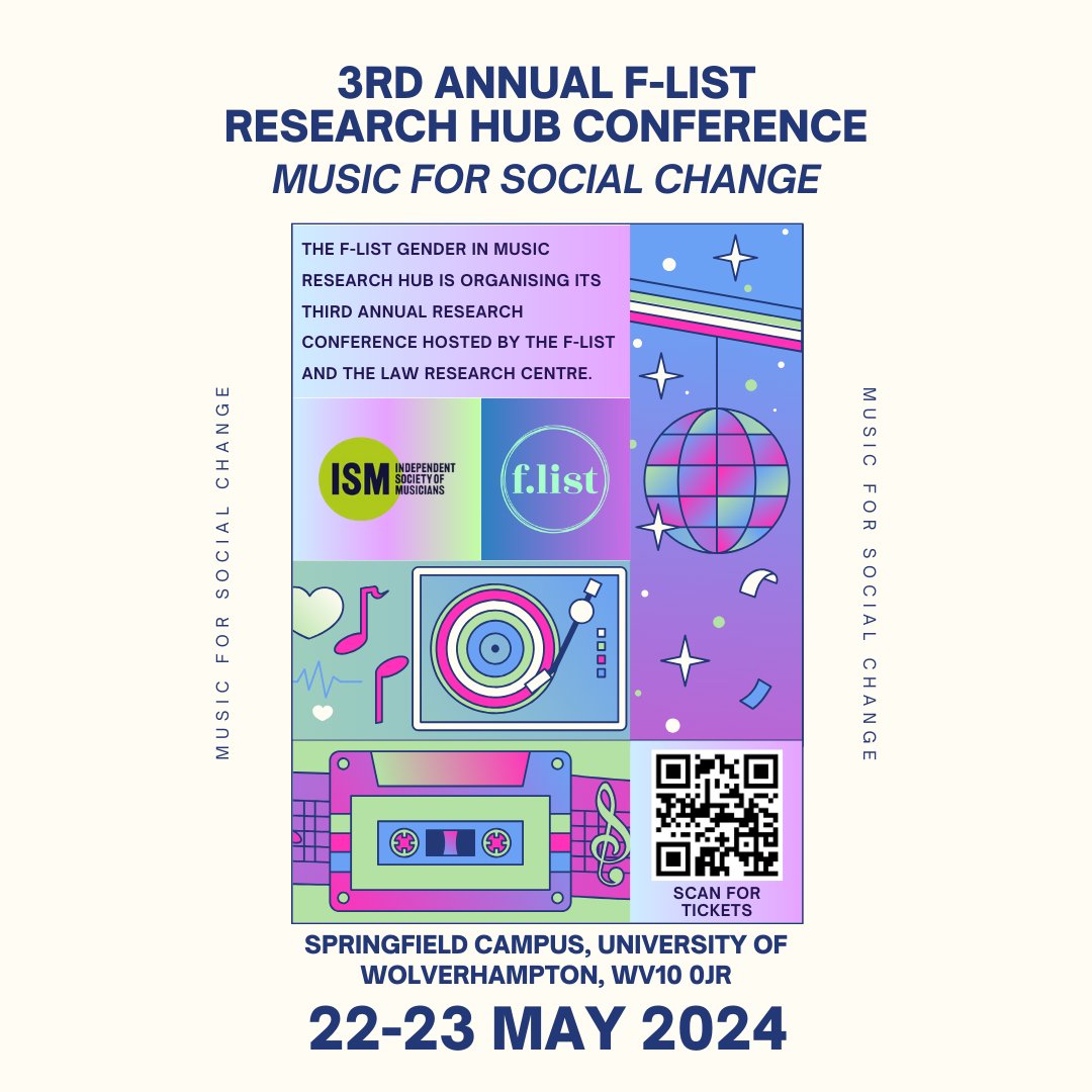 Don't miss the 3rd Annual @theflistmusic research conference (hybrid) at the University of Wolverhampton (Springfield Campus) Wed, 22 May '24–Thu, 23 May '24). For programme & registration (free): tinyurl.com/ttfsdajw or scan the QR code. I'm spinning on Thursday eve! @wlv_uni