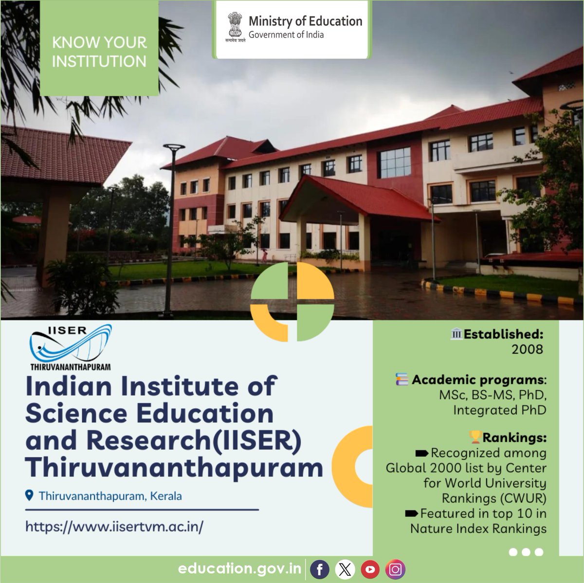 Know about the HEIs of India! Established in 2008, Indian Institute of Science Education and Research Thiruvananthapuram (IISER TVM) adheres to global standards in scientific research and education. Faculty members conduct pioneering research in basic sciences, utilizing