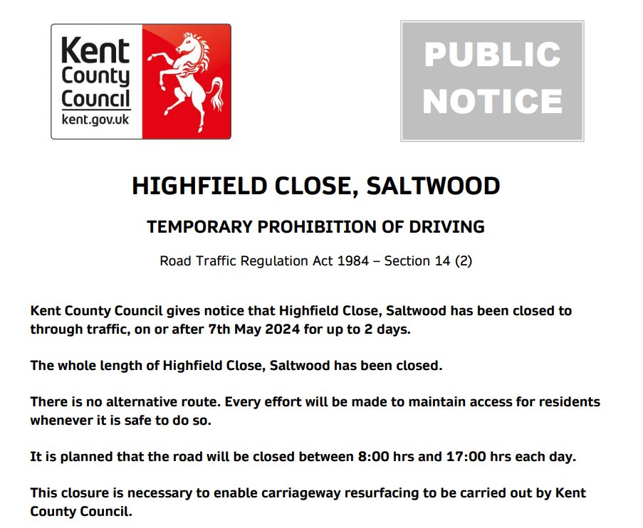 Saltwood, Highfield Close. Road closures until 8th May for carriageway works. #Kentpotholes #Potholeblitz