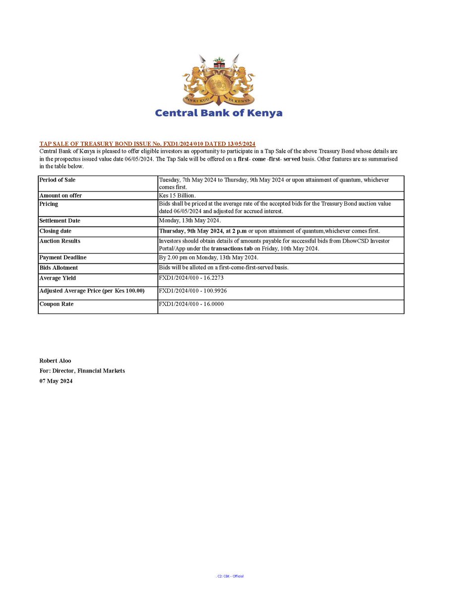 Tap Sale of Treasury Bond Issue No. FXD1/2024/010 dated 13/05/2024