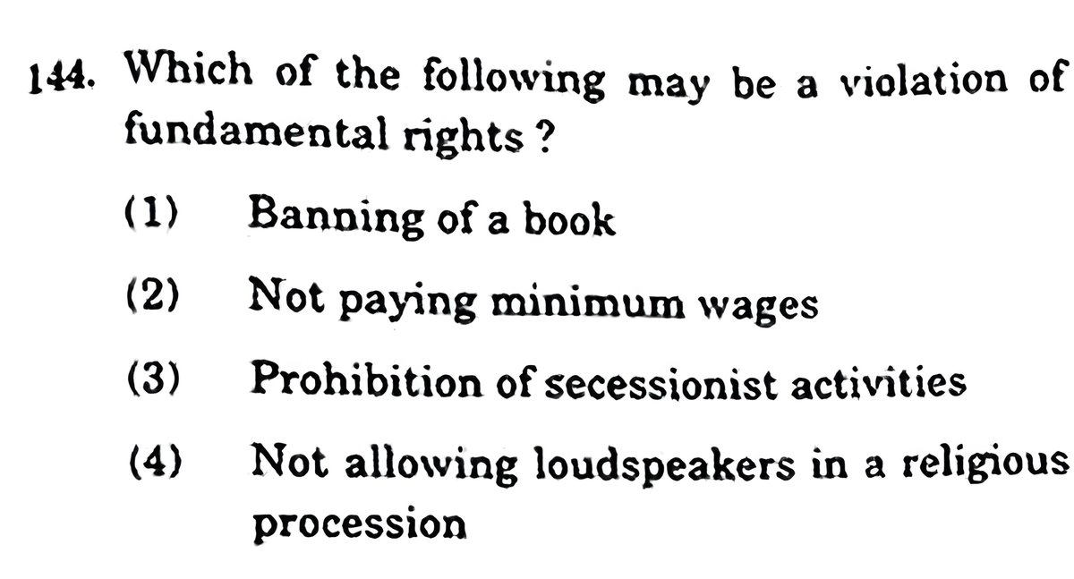 Fundamental Rights - A Thread 🧵

EXAM - APPSC GROUP 1 2017

Which of the following may be a violation of fundamental rights ?

#UPSC #UPSCPrelims2024 #UPSC2024 #APPSC