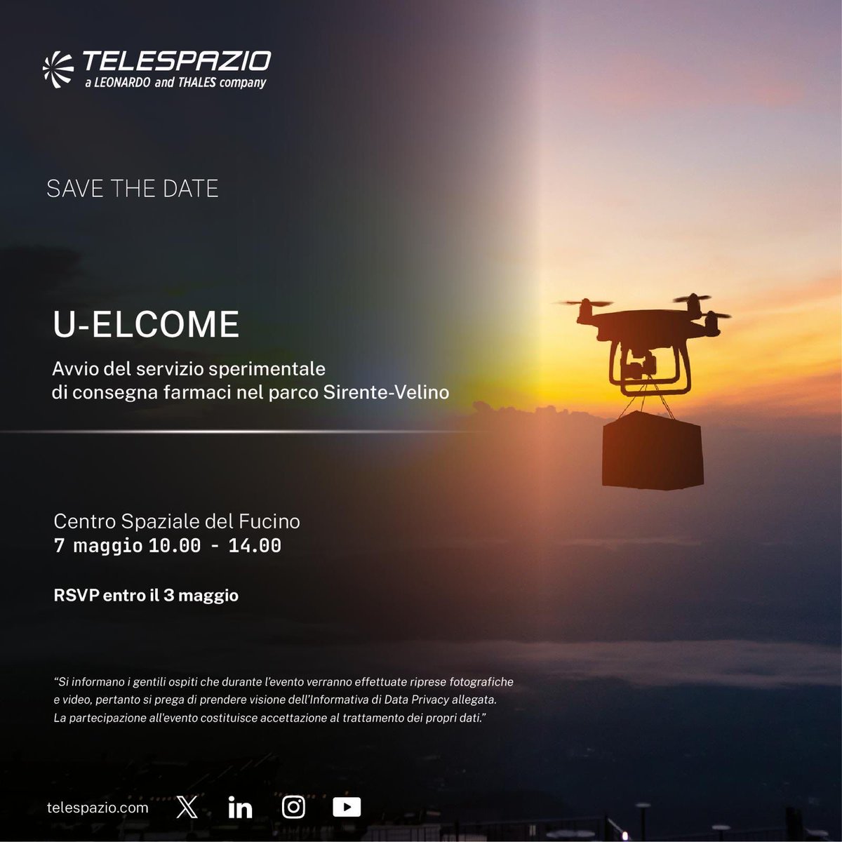 Today, @telespazio is holding in its Space Centre in Fucino the official launching of the medical delivery 🚁 experimental service, part of #UELCOME activities.
#drones #Uspace.

@cinea_eu  
@SESAR_JU 
@eurocontrol