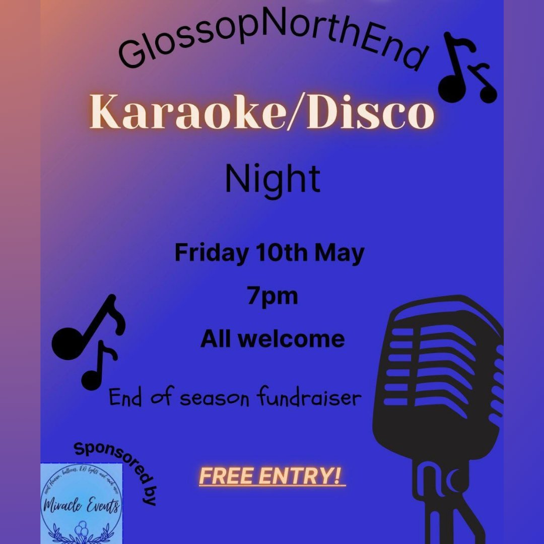 Join us in the Clubhouse this Friday 10 May from 7pm for our End of Season fundraising Karaoke and Disco night - free entry, all welcome! Help us raise vital funds to keep us going over the close season and give us a head start for the 2024-25 season! Hosted by Miracle Events.