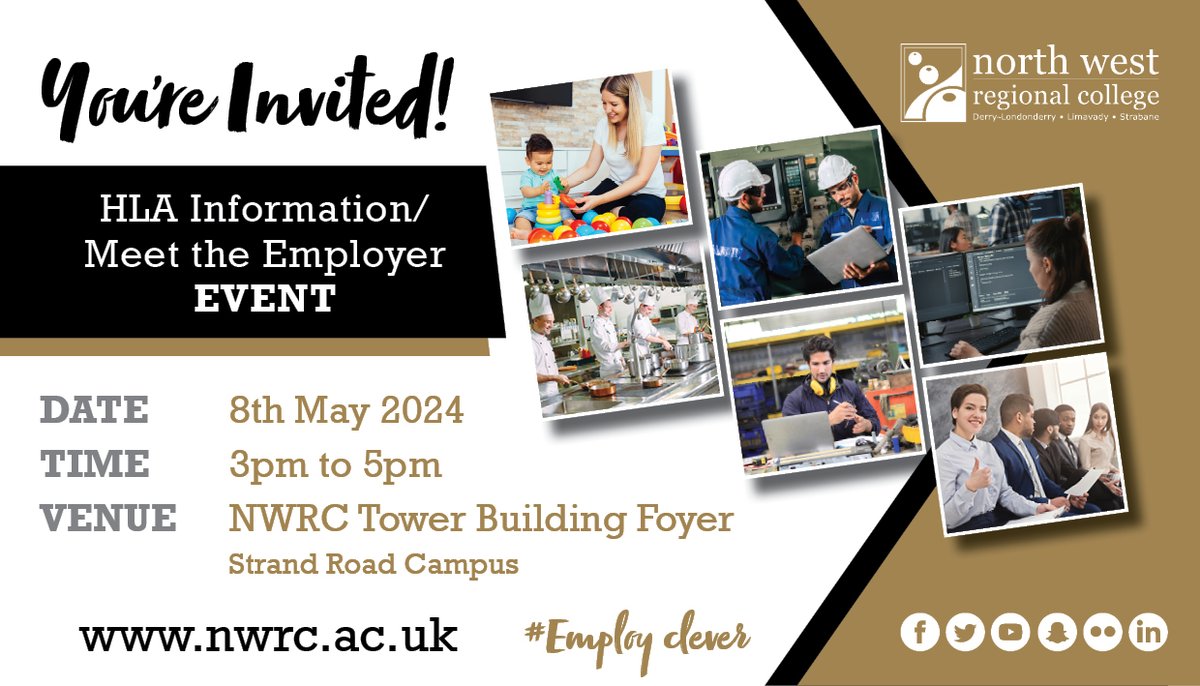 𝐇𝐋𝐀 𝐌𝐞𝐞𝐭 𝐭𝐡𝐞 𝐄𝐦𝐩𝐥𝐨𝐲𝐞𝐫 NWRC will host an information event on Higher Level Apprenticeships (HLAs), at the Tower Foyer, Strand Road campus, Derry-Londonderry, on Wednesday, May 8, from 3 - 5 p.m. Get your ticket here: 👉 nwrc.ac.uk/events/hla-mee…