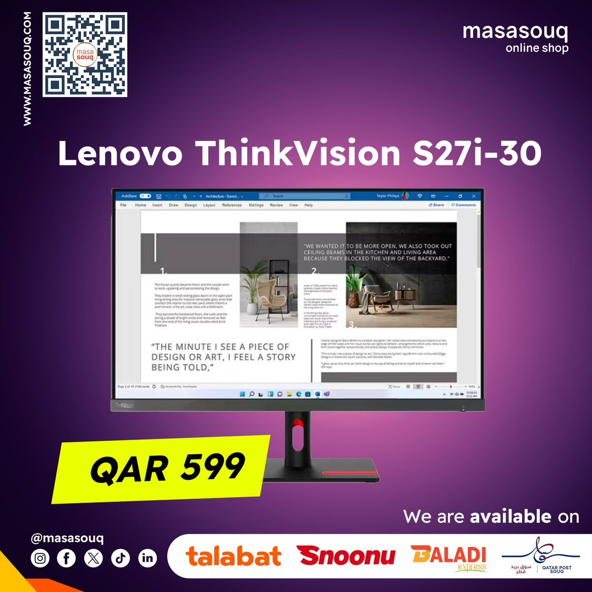 Upgrade your workspace with the sleek Lenovo ThinkVision S27i-30 monitor!  Crystal-clear visuals and a slim design for maximum productivity. Get yours today for only QAR599 👉 masasouq.com/lenovo-thinkvi…  #Lenovo #ThinkVision #productivity #workfromhome #monitor #Masasouq💻