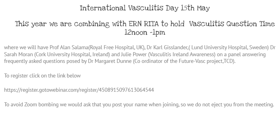 Question time annonce for Vasculitis day next week !! Register here: register.gotowebinar.com/register/45089…