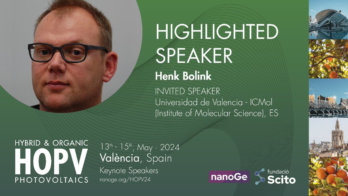 🟢Henk Bolink (@HJBolink) from Institute of Molecular Science (@ICMol_UV) is a highlighted speaker of the International Conference on Hybrid and Organic #Photovoltaics #HOPV24 @nanoGe_Conf! 📍València, Spain 🗓️13th-15th May 2024 🔗More information here: nanoge.org/HOPV24/home