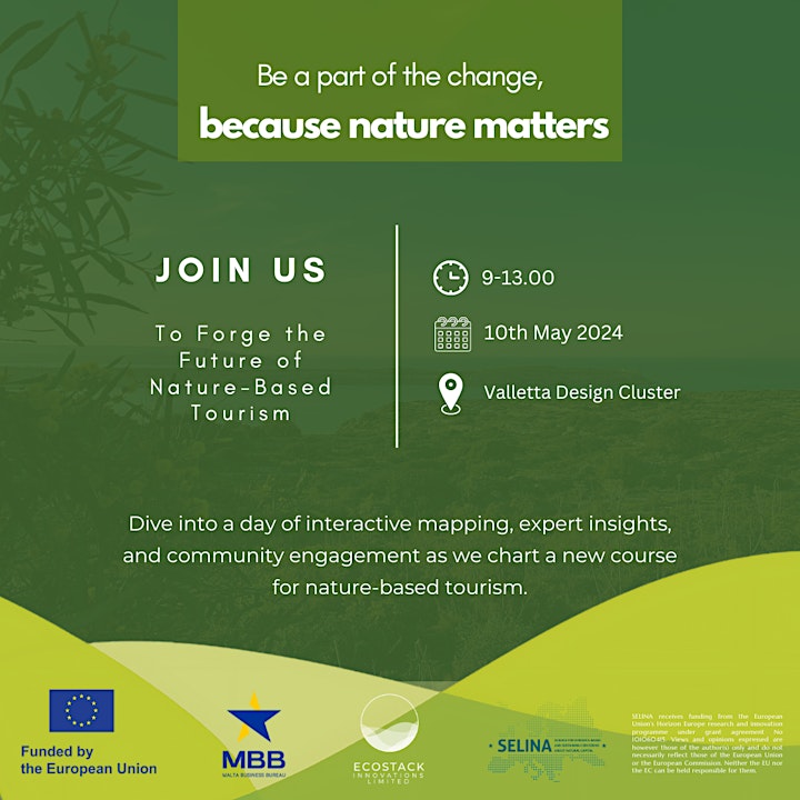 SELINA Project (Horizon Europe) (@selinahorizoneu) on Twitter photo 📢 Ecostack Innovations (<a href="/ecostacking/">Ecostack Innovations</a>) organises an event focused on unlocking the potential of nature for tourism and introducing the local SELINA #DemonstrationProject.
🗓️10 May 2024
⏰9:00 CEST
📍The Valletta Design Cluster, Malta
Read more: eventbrite.it/e/addressing-h… 📢 Ecostack Innovations (<a href="/ecostacking/">Ecostack Innovations</a>) organises an event focused on unlocking the potential of nature for tourism and introducing the local SELINA #DemonstrationProject.
🗓️10 May 2024
⏰9:00 CEST
📍The Valletta Design Cluster, Malta
Read more: eventbrite.it/e/addressing-h…
