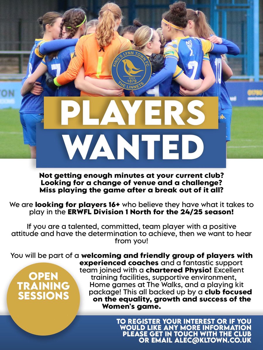 Didn’t get much game time at your current club?⏳ Looking for a new challenge for the 2024/25 season? 💪🏼 Look no further…👀 Register your interest in becoming a part of King’s Lynn Town Ladies FC!💙💛 Follow the link to the Google form below ⬇️⬇️ forms.gle/UFqxe6kmTYung6…