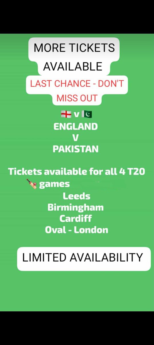 England v Pakistan

Additional tickets available - Limited availability. DM for details.

#EngvPak #PakvEng #ticketsforsale #Oval #Edgbaston #Headingley #PakistanCricket