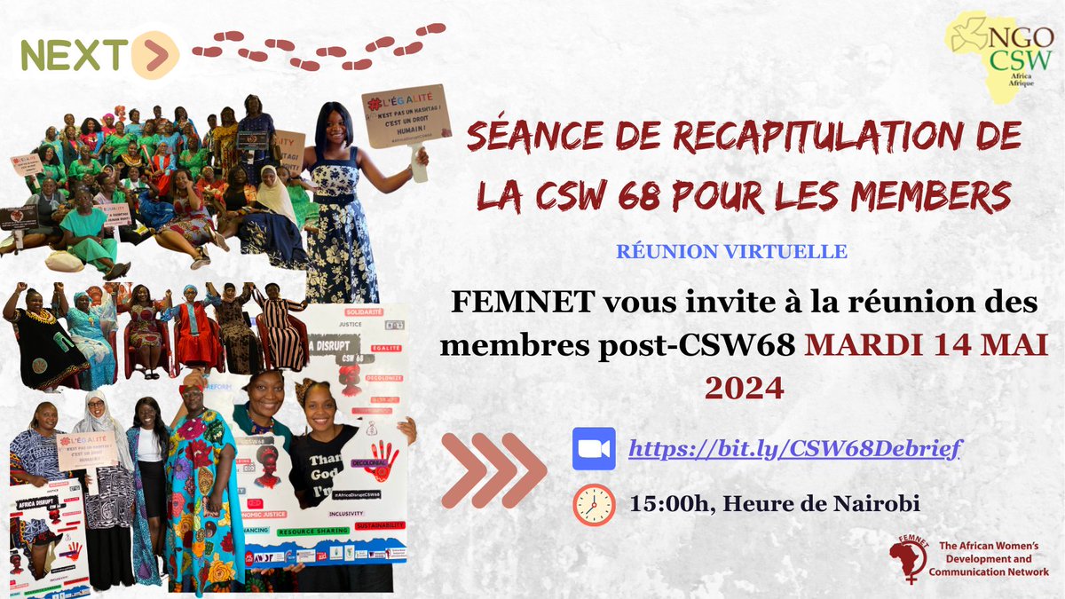 🗓️ SAVE THE DATE FEMNET is hosting a Post-CSW68 Debrief meeting on 14th May 2024. Register here: bit.ly/CSW68Debrief The Yaoundé Declaration is now available on the website. Click here to download: English >>> bit.ly/TheYaoundéDecl… French >>> bit.ly/LaDéclarationd…