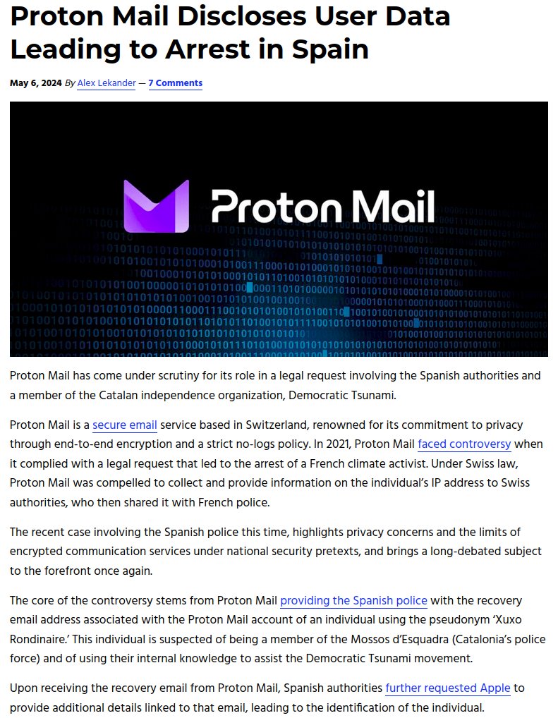 Proton Mail Discloses User Data Leading to Arrest in Spain: 'The recent case involving the Spanish police this time, highlights privacy concerns and the limits of encrypted communication services under national security pretexts [...]'