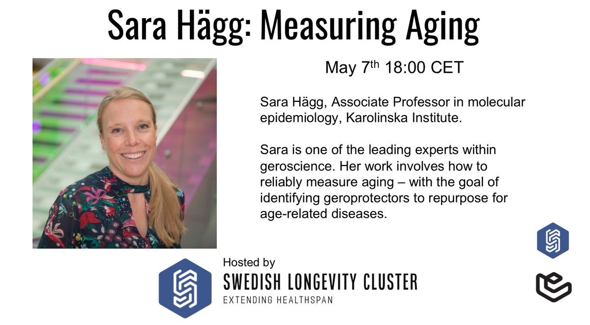 Streaming talk by @HaggSara tonight from Karolinska Institute. I'm very much looking forward to this! 

Sara is a world-leading expert on how to measure aging at the cellular level

Sign up via link in event below

linkedin.com/events/sarah-g…