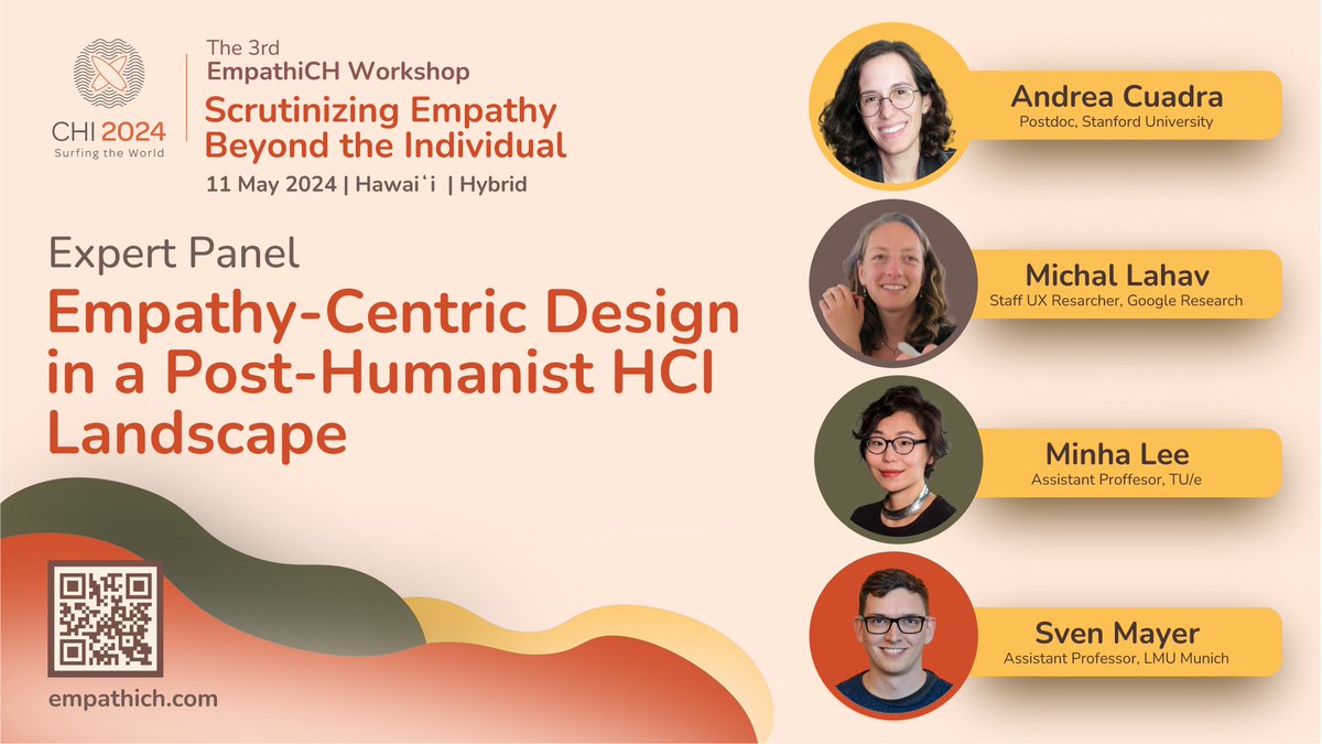 hugenc's tweet image. 🌟 Join our expert panel at the 3rd EmpathiCH Workshop @acm_chi 2024!

🗓️ May 11, 2024
💡 Empathy-Centric Design in a Post-Humanist HCI Landscape
/w @apcuad Michal Lahav @minhappylee @svenmayerhci

Register now! empathich.com

 #CHI2024 #Empathy #EmpathiCH #HCI #Design
