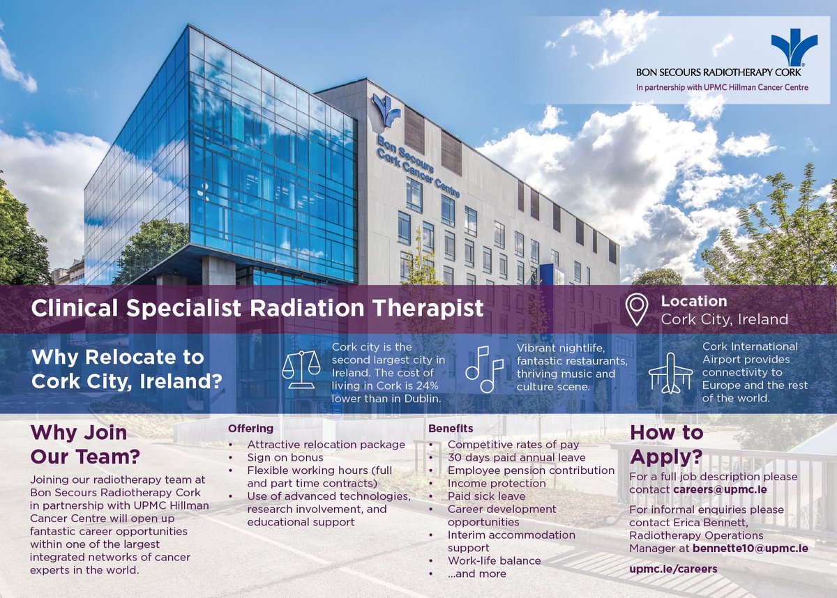 Join our Cork Cancer Centre team. We're seeking passionate individuals for Radiation Therapy roles, including a Clinical Specialist Radiation Therapist, who will contribute to cutting-edge cancer care in one of Ireland's most vibrant cities. upmc.ie/careers/clinic…