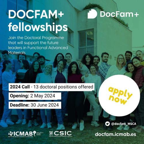 📢 #DocFAM #PhD call is already open to attract excellent predoctoral researchers! 

This is a new doctoral #MSCA #DoctoralTraining Programme, managed by @icmabCSIC,  to attract young researchers who would like to start their #PhD in the Functional Advanced Materials field.