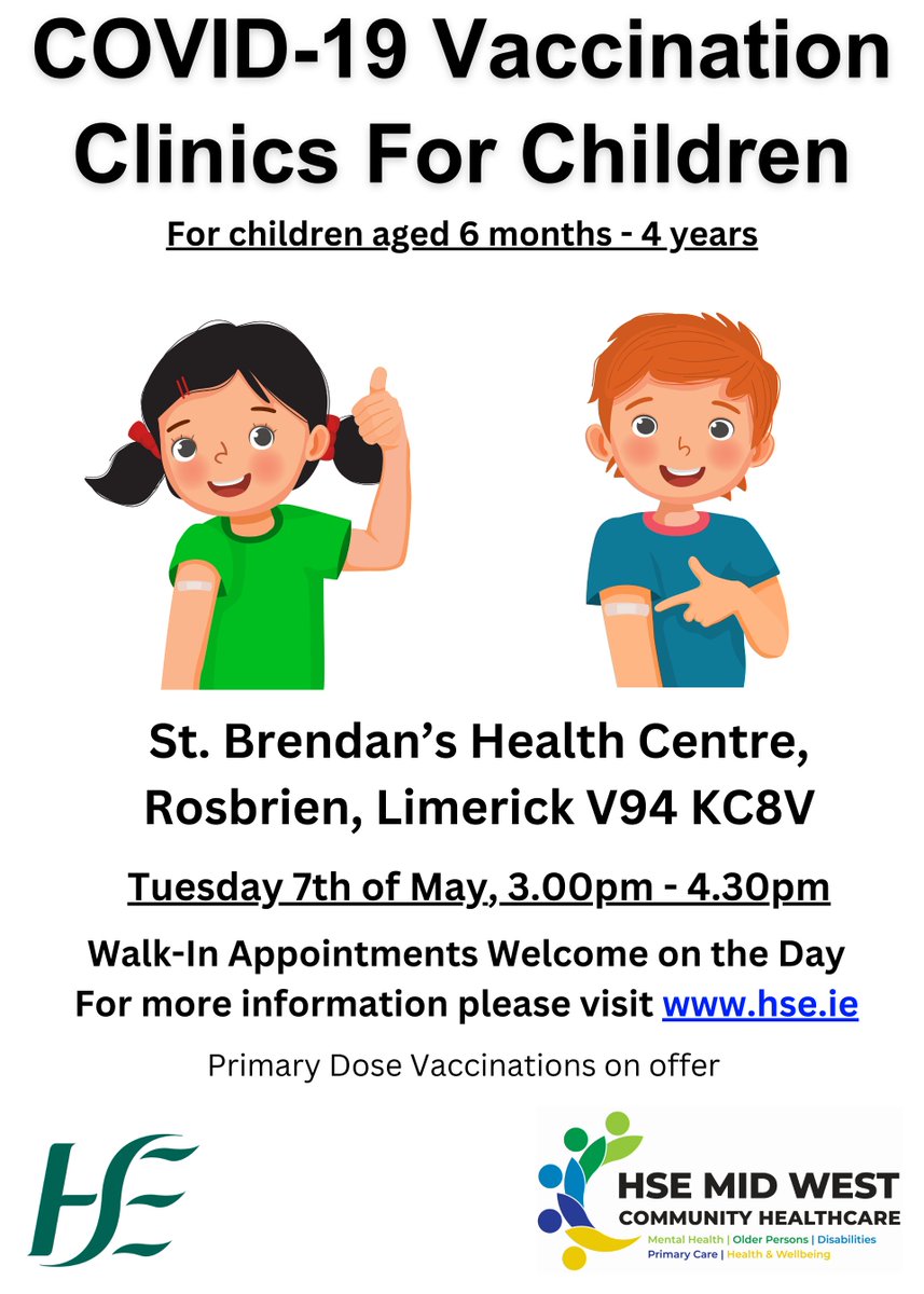 A #COVID19 Vaccination Clinic for children will be held in St Brendans Health Centre, Rossbrien, Limerick (V94 KC8V) TODAY, Tuesday the 7th of May from 3pm to 4:30pm. There is no requirement to book, all are welcome to attend our Walk-in clinic.