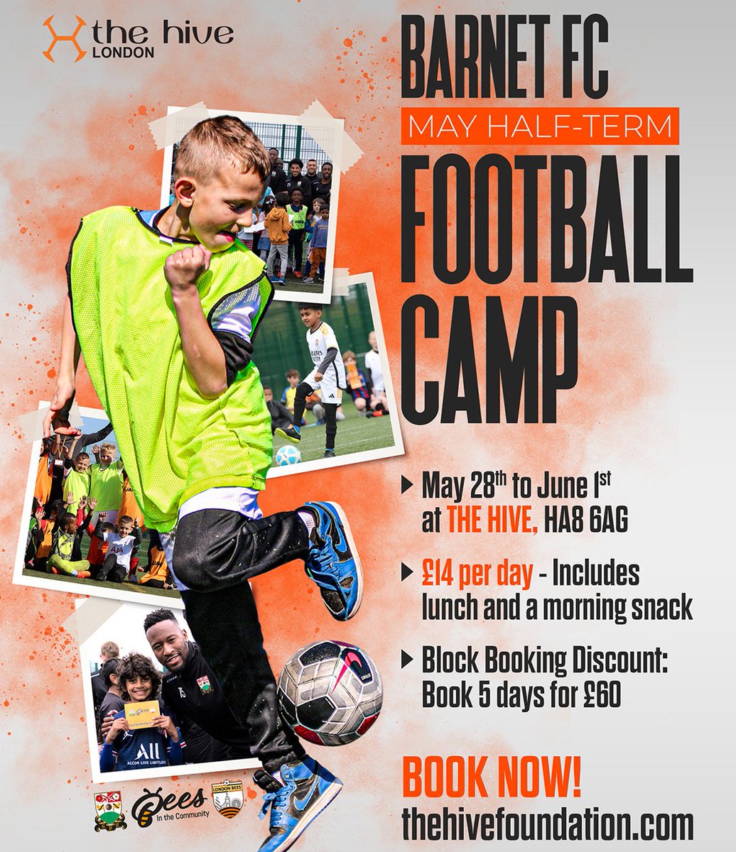 Hey there football fans! ⚽ 

Don't miss out on the Barnet FC Football Camp happening from May 28th to June 1st! 

It's only £14 per day and includes lunch and a morning snack! 😋 
TheHiveFoundation.com 
#footballcamp #BarnetFC #soccer #sports #footballfun #summercamp #football